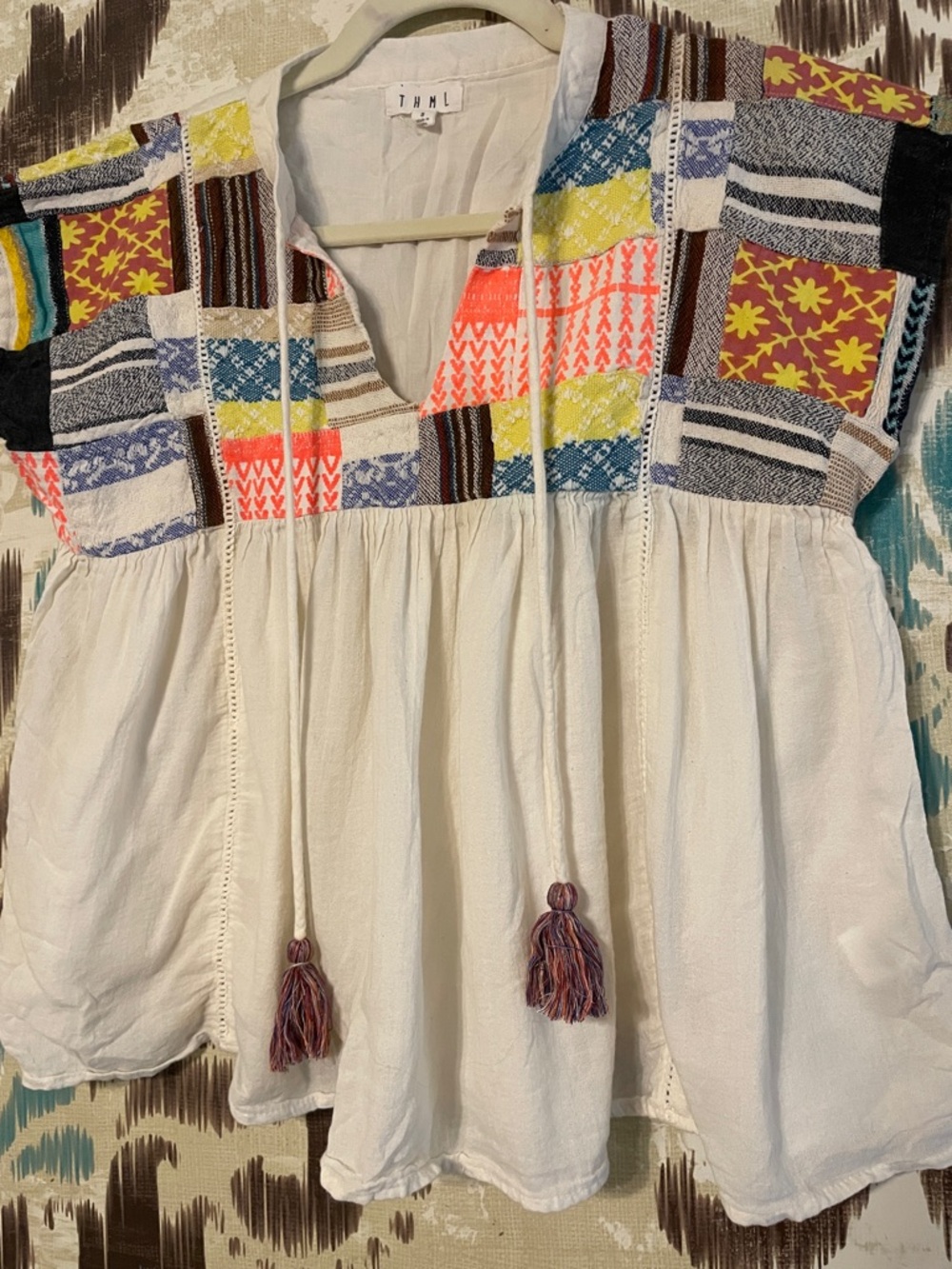 THML Ivory Peasant Top with Multicolor Embroidered Yoke
